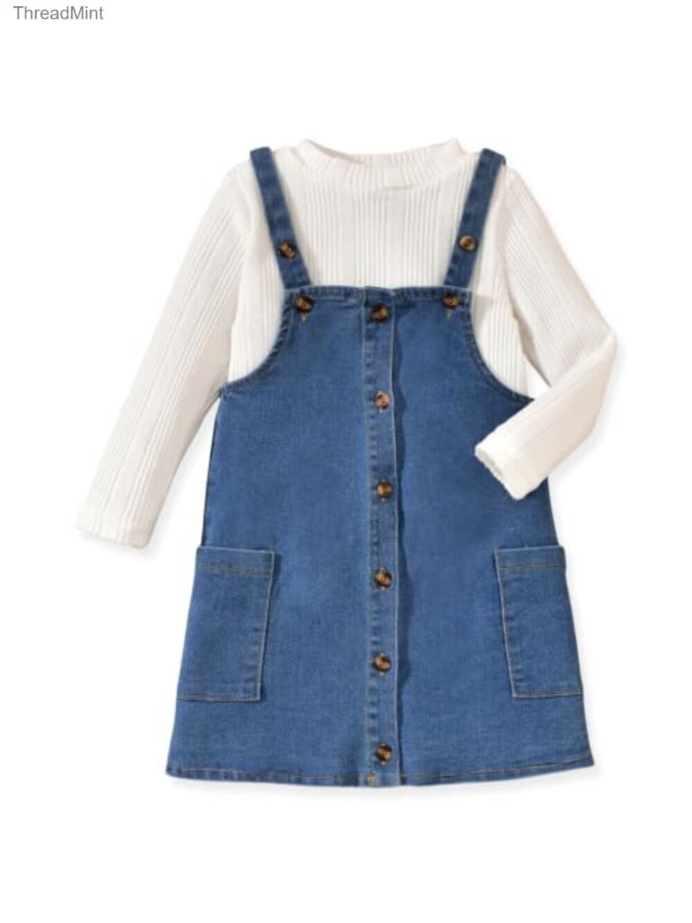 Toddler Girls 2-Piece Denim Button Down Overall Dress Set Long Sleeve Tee